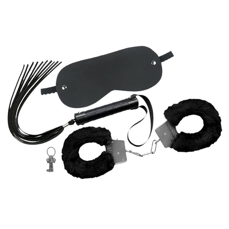 Kit Dominatrix 3 Peças Couro Bondage Fetiche Dominação Submissão Sado Venda Algema Chicote