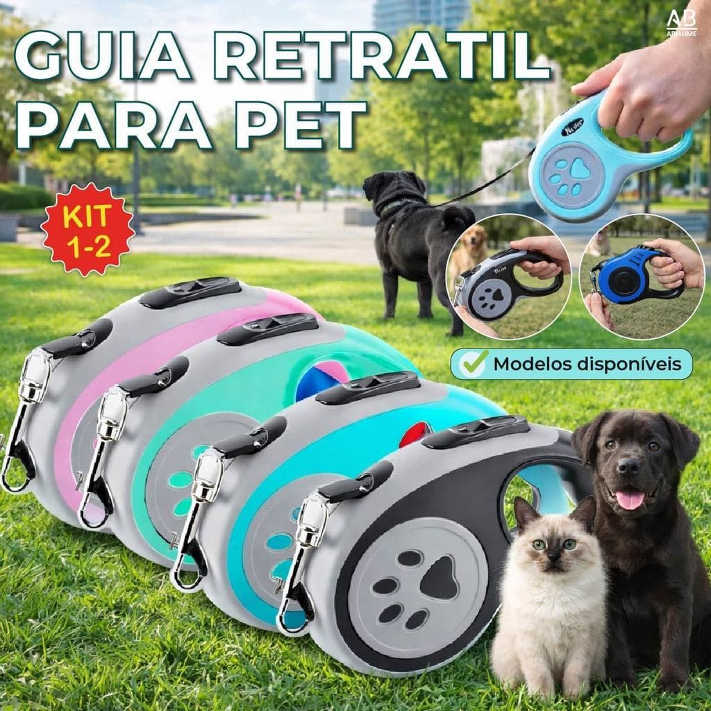Coleira Guia Retrátil 3/5 Metros Pets Cachorro Cães Gatos Resistente com Trava até 12kg