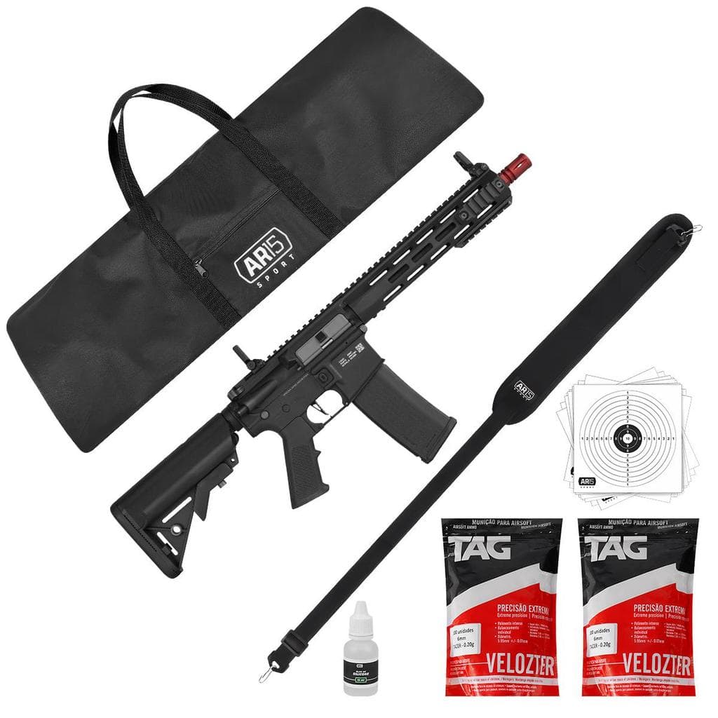 Kit Rifle Airsoft AEG M4 SA-F03 6mm Preta Bandoleira 2x BBs