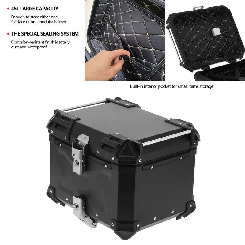 Caixa De Armazenamento De Moto Superior Traseira Tronco Transportadora Universal Preto 45L Motocicleta Alumínio Caso Bag