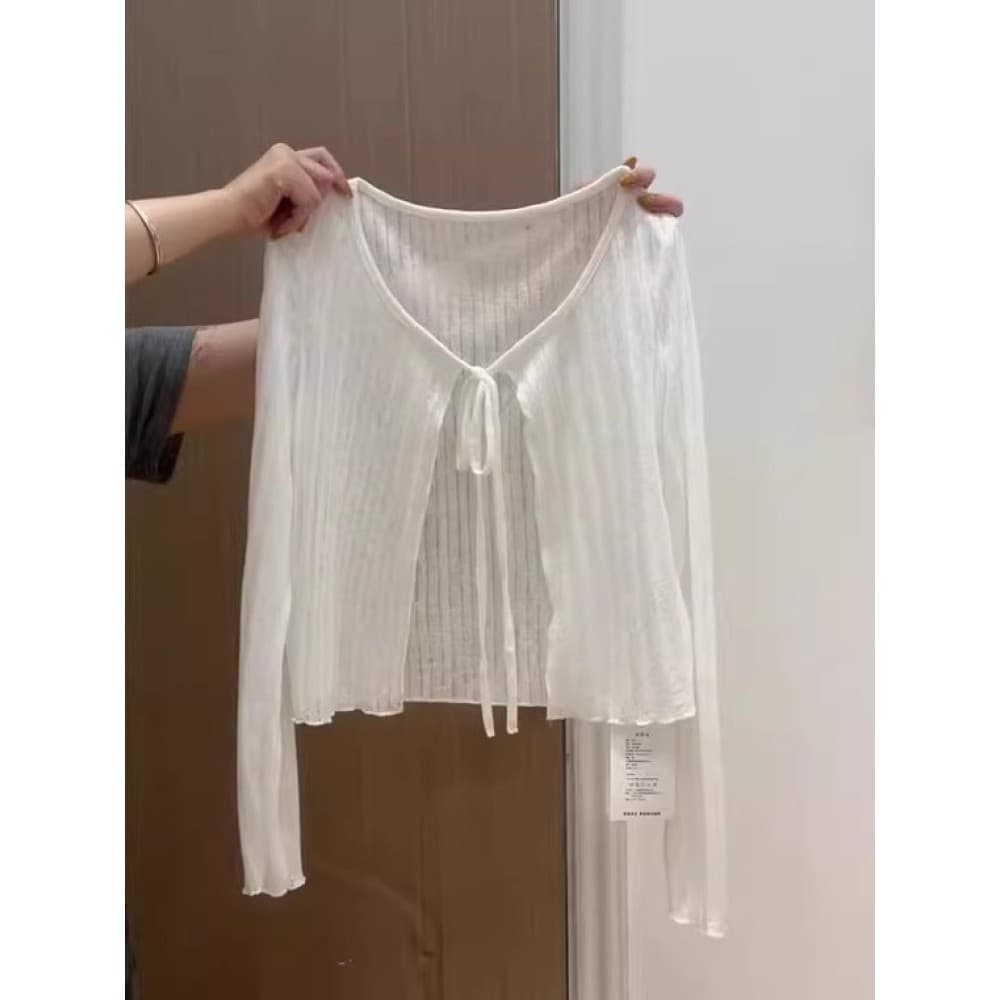 Blusa protetora solar oca de seda gelo feminina 2026 verão estilo coreano com decote em V amarrado manga comprida vestid