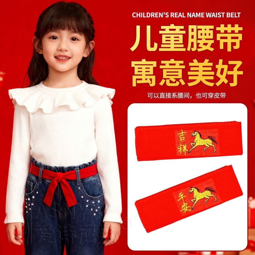 Cinto vermelho Benming para crianças 2026 ano do cavalo meninos meninas ano novo decoração festiva cinto bordado calças 