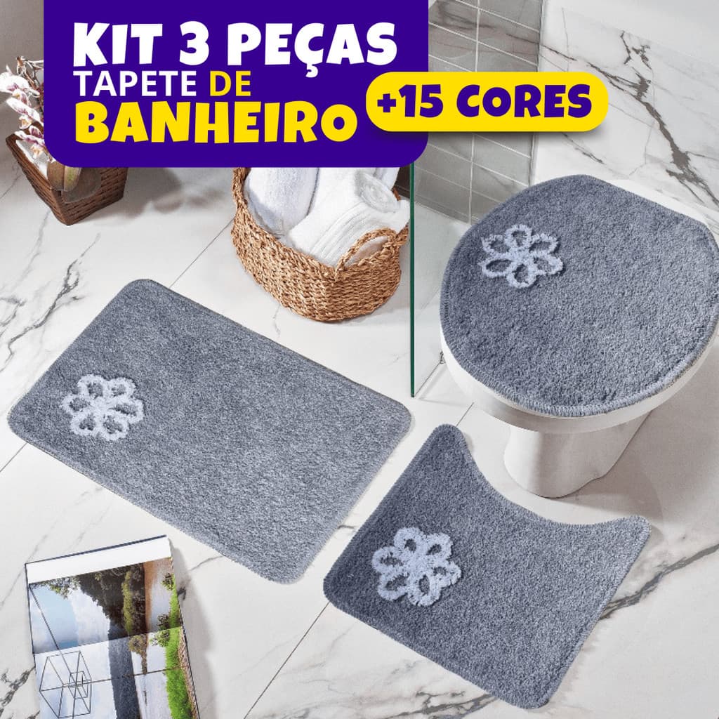 Kit 3 Peças Jogo de Tapete Para Banheiro 100% Algodão 52,5cmx40cm - Antiderrapante Felpudo Peludo