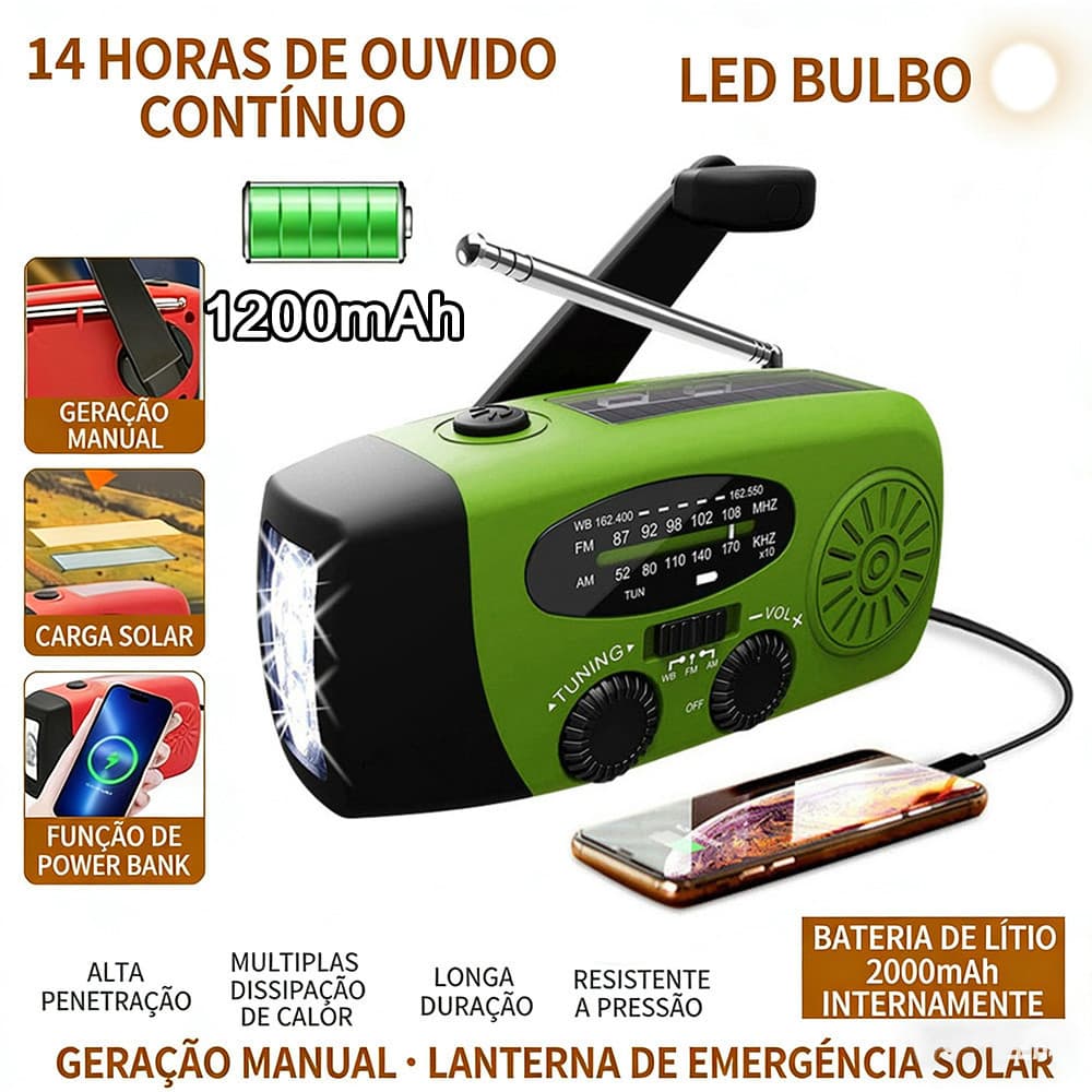 Rádio De Emergência Solar Multifuncional De 1200 MAh Com Lanterna SOS Recarregável Por Manivela
