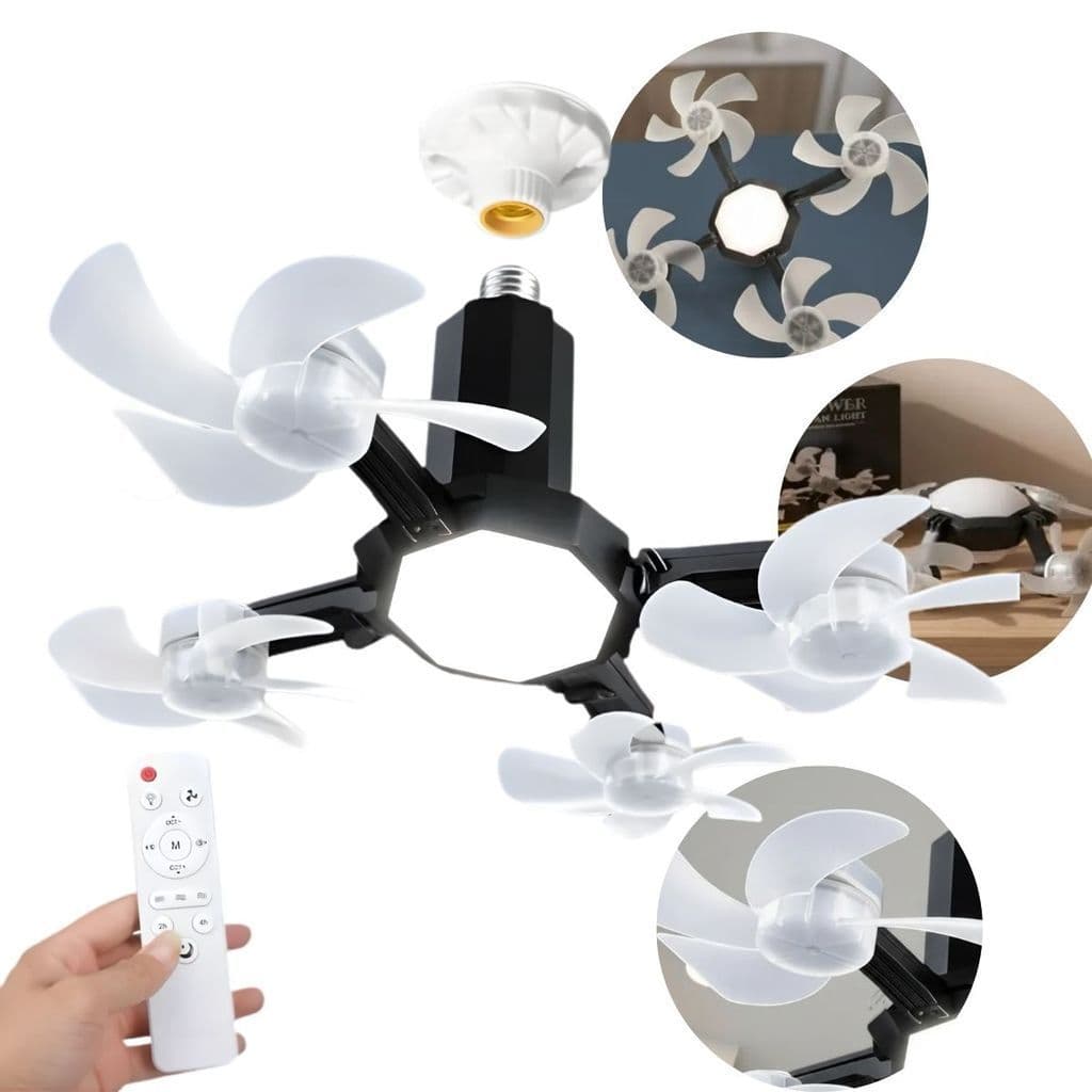 Ventilador Bivolt Teto Lustre LED 3 Temperaturas E27 Silencioso Controle Remoto 4 Mini Hélices Integradas Drone