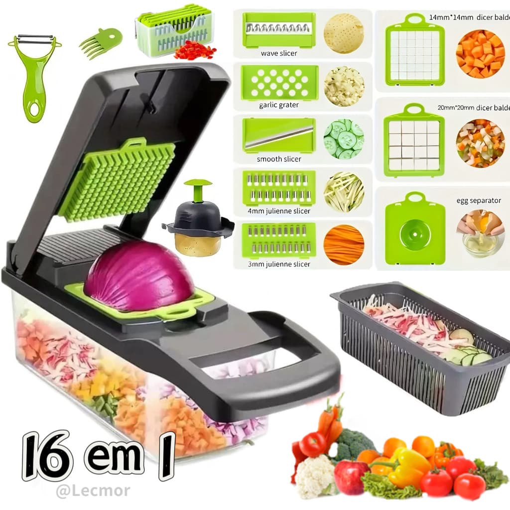 Cortador de Legumes e Verduras Multifuncional 16 em 1 - Ralador Fatiador Picador de Cebola Batata