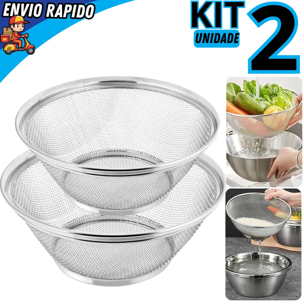 Cesta Cesto Escorredor Inox 25cm e 28cm Multiuso Para Lavar Alimentos Frutas Legumes Arroz Massas