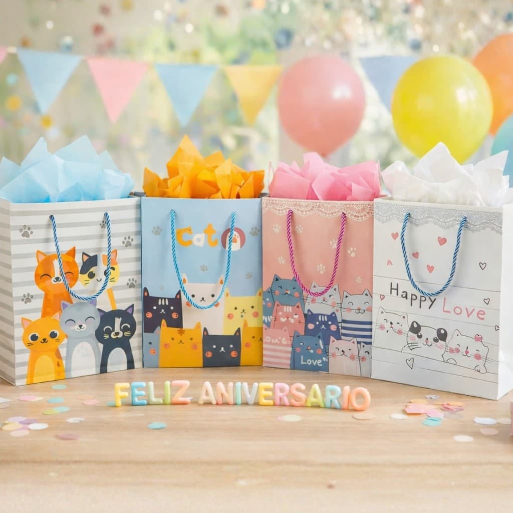 Sacolas De Presente Infantil Festa Dos Gatinhos Papel Rígido Alta Definição 24cm x 18cm