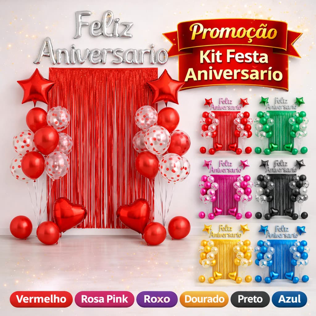 Kit Balão Metalizado Cortina Bexiga Feliz Aniversário Decoração de Festa Completa