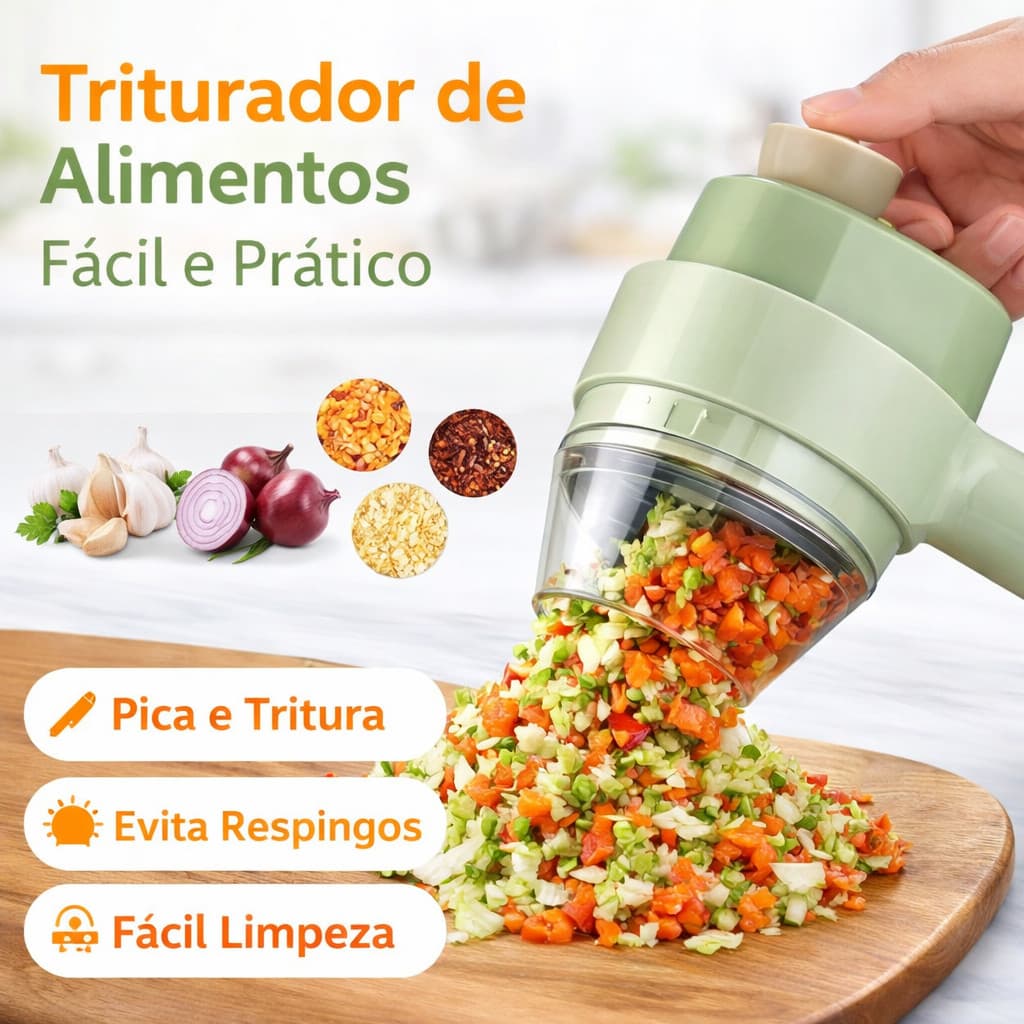 Cortador Elétrico de Legumes 4 em 1 Sem Fio Triturador de Alho Recarregável USB