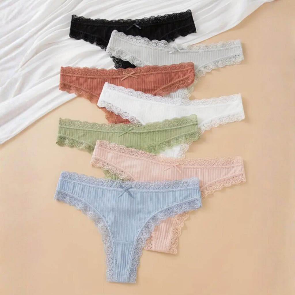 Kit 5 Calcinha de Algodão Fio Dental Feminina Canelada com Renda e Laço