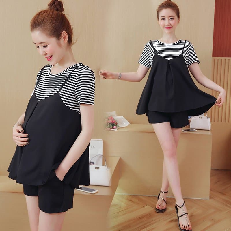 2025 verão Outing wear maternidade terno listrado manga curta camiseta superior barriga elevador calças de maternidade S