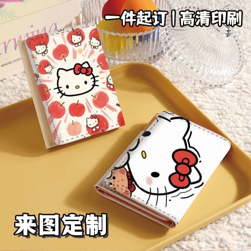 Carteira tripla dobrável Sanrio Hello Kitty com múltiplos compartimentos para cartões, em PU, de alta elasticidade, leve