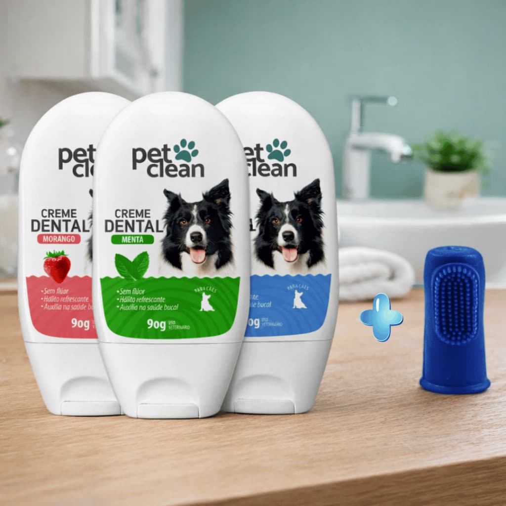 Kit Creme Dental para Cães e Gatos + Escova Dedeira Pet Clean 90g Sem Flúor Hálito Fresco 4 Sabores