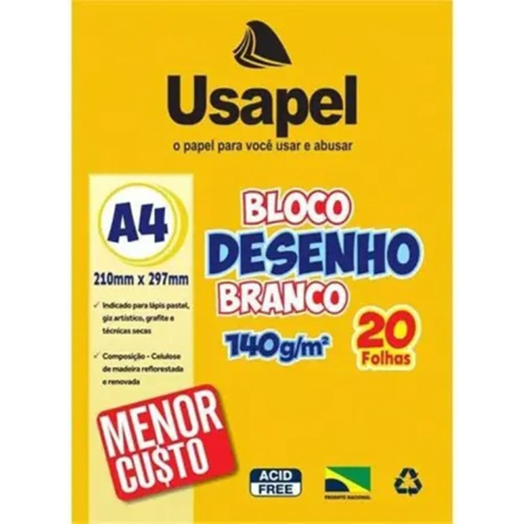 Bloco Desenho Escolar Branco 140g A4 210x297mm Pct 20fls