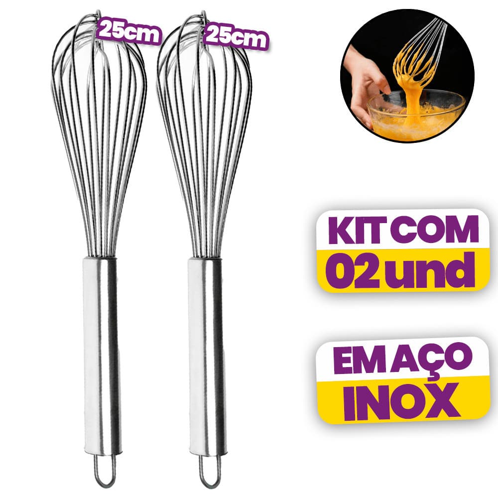 Batedor de Ovos Inox Profissional 25 cm Kit 1 ou 2Un para Massas Bolos e Claras Foet Fue Confeitaria