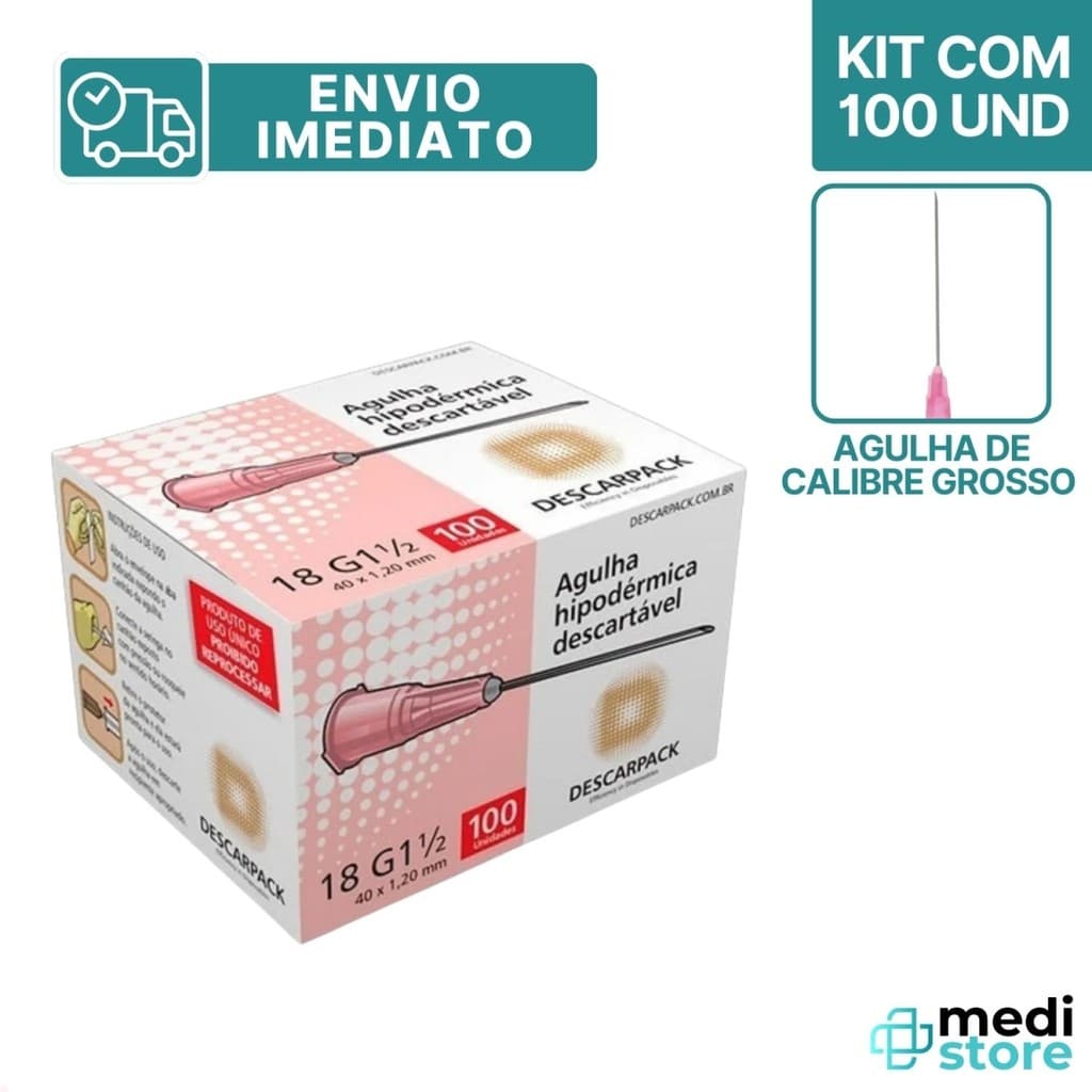 Agulha Hipodérmica Descarpack 40x1,20mm Com 100 Unidades - Envio Imediato