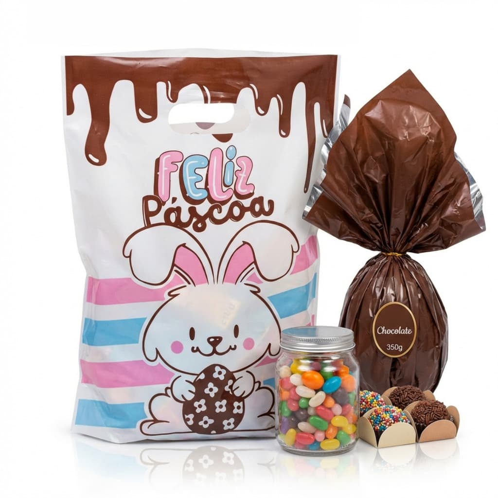 50 Sacolas Feliz Páscoa Coelhinho Confeitaria Embalagem Ovo Páscoa Alta Densidade Coelho Chocolate