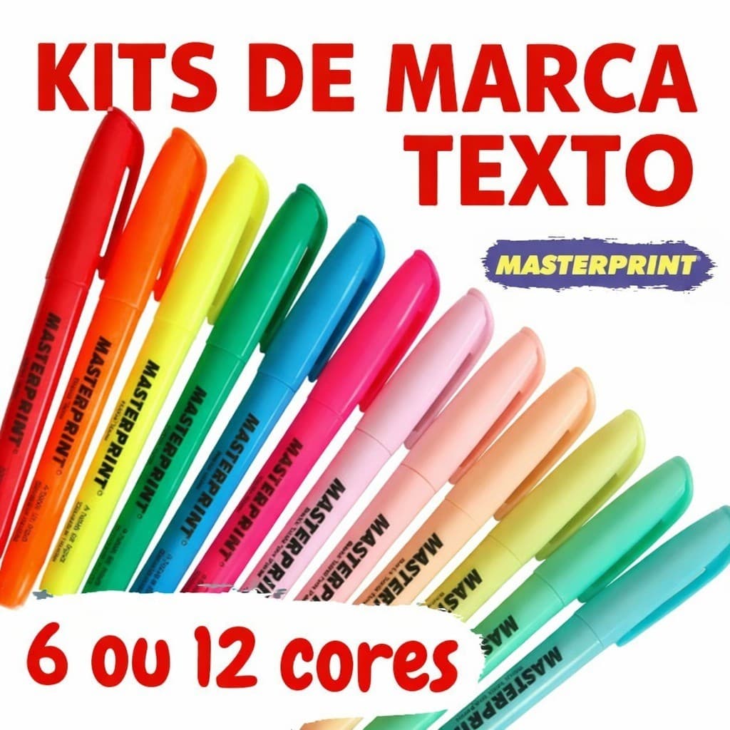Kit 6 ou 12 Marca Texto Masterprint (6 neon + 6 pasteis)