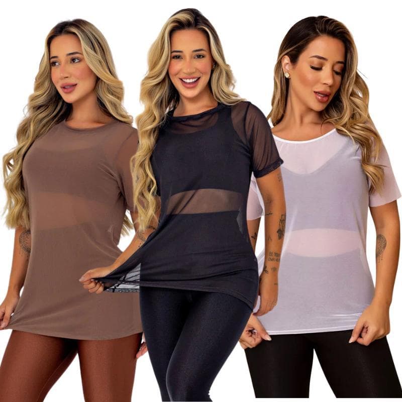 Kit 2 Blusa Blogueira Feminina Transparente Tule Manga Curta Camiseta Academia Fitness Musculação