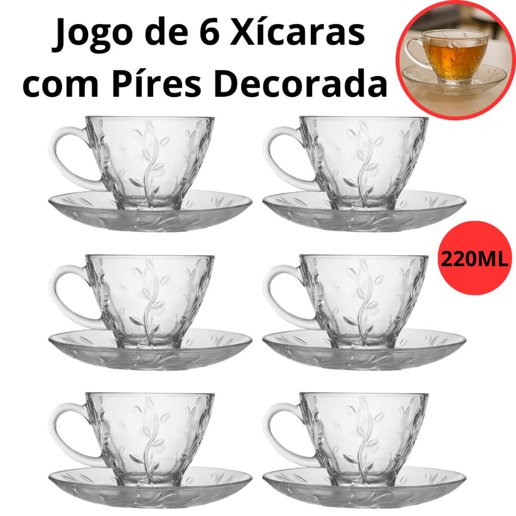 Jogo de Xícara com Pires 12 Peças Cafe e Cha Lily Transparente Vidro 220ml Decorada Luxo