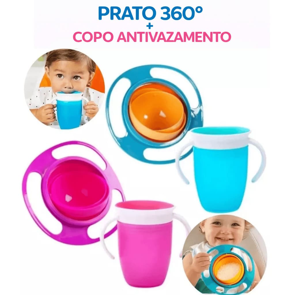 Kit Prato + Copo Antivazamento Infantil Não Cai Bebida Comida Prato Mágico Giratório 360° Transição Introdução Alimentar