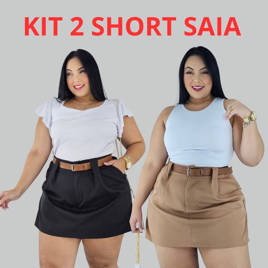 Kit 2 Short Saia Plus Size Alfaiataria Com Cinto Casual