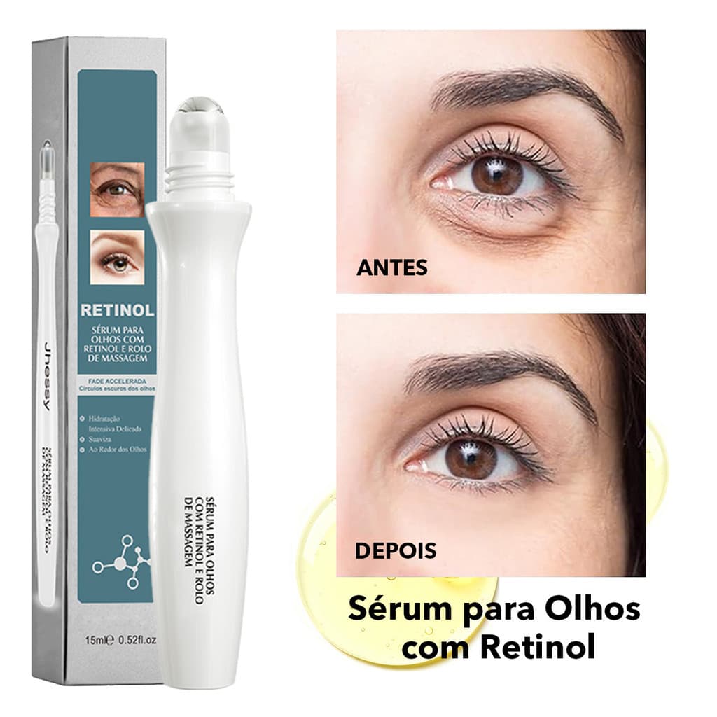 Sérum para Olhos com Retinol e Rolo de Massagem Anti-Idade Clareador Anti-Rugas Hidratação Olheiras 15ml