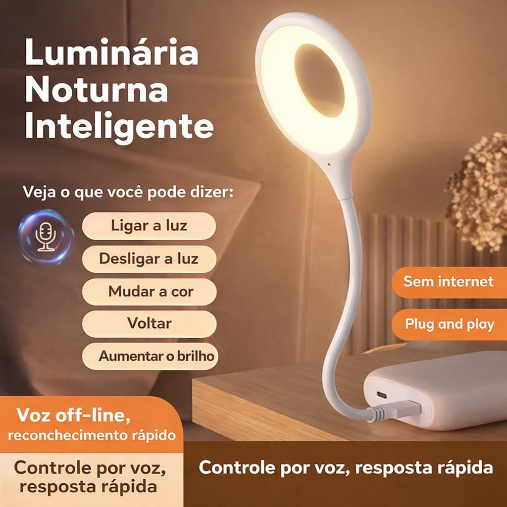 Luminária Luz Noturna LED com Controle de Voz Recarregável USB
