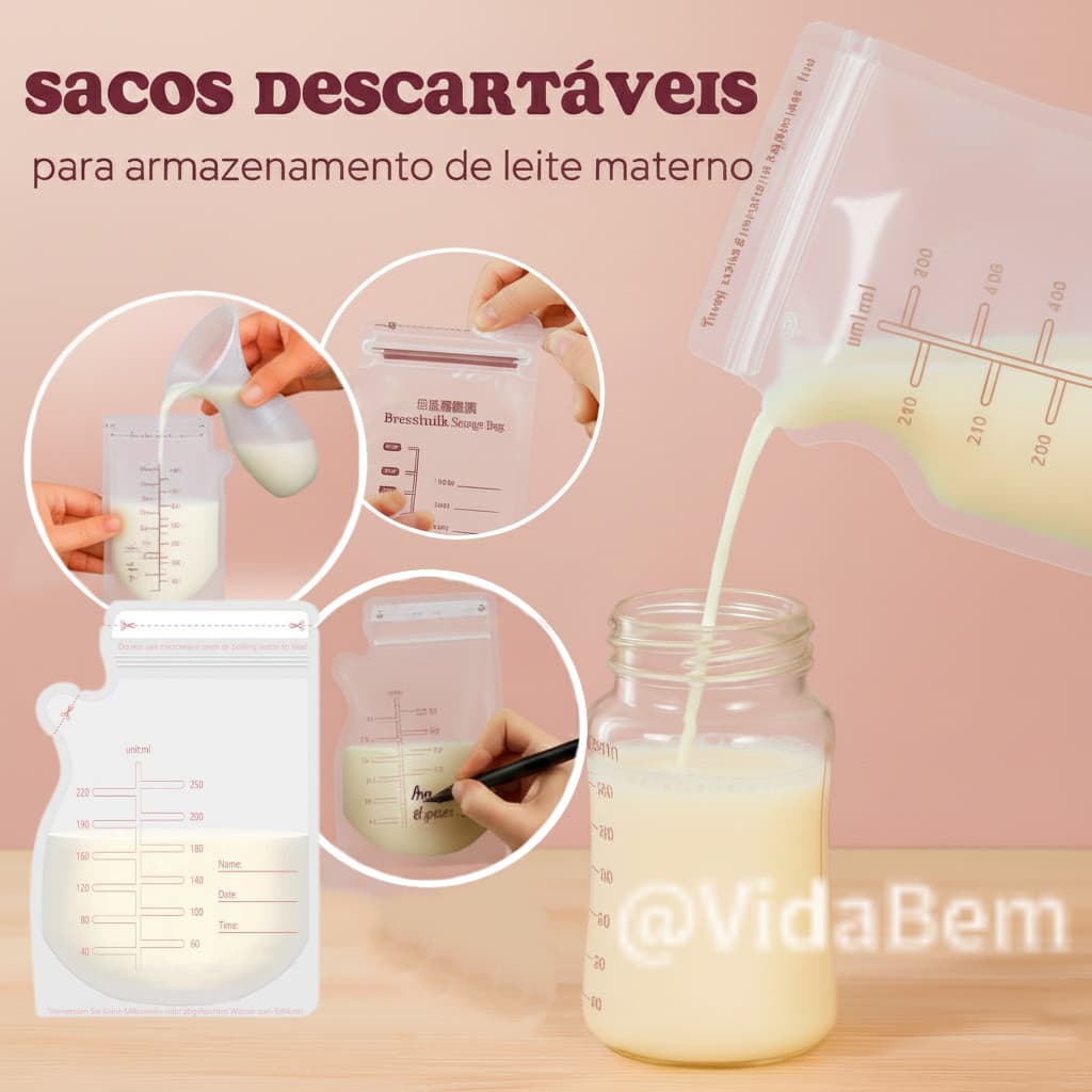 Kit 30 Sacos Coletor de Leite Materno 250ml Descartável com Escala de Medição Congelador