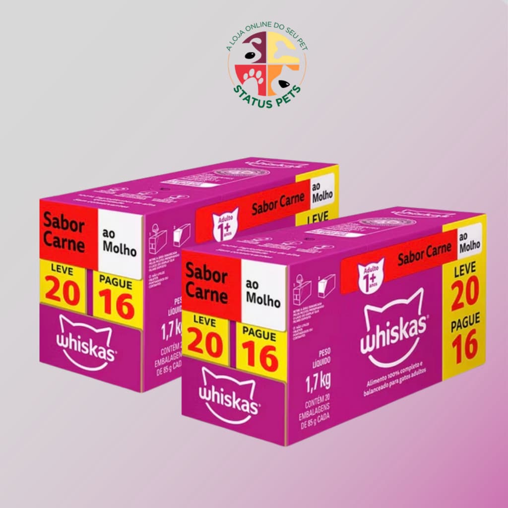 02 CAIXAS LEVE 20 PAGUE 16 Ração Úmida Whiskas Sachê ao Molho para Gatos Adultos 85g (40 UND)