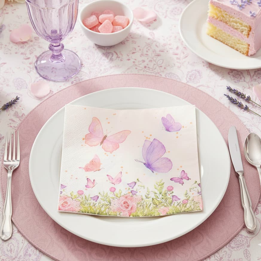 Guardanapo de papel decorado c/ 20 unidades borboleta flores rosa mesa posta 33x33cm toalha de papel