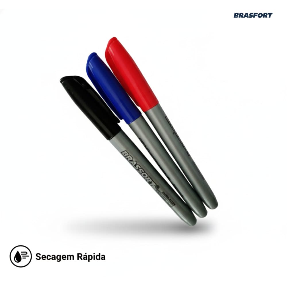Kit 3 Canetas Marcador Permanente 2mm | Preto Azul Vermelho | Uso Geral