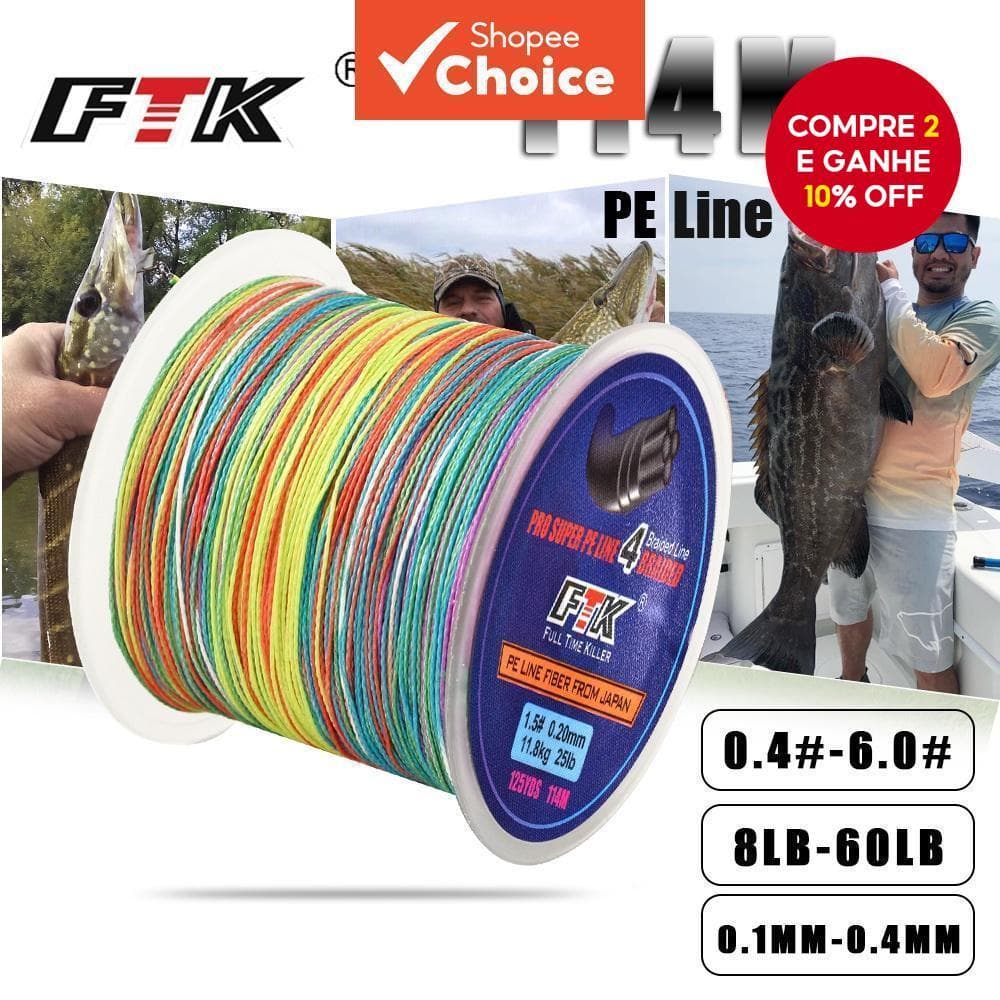 Linha De Pesca Trançada PE FTK 114M-8-60LB 0.1-0.4 Mm 4 Fios Multicoloridos (115M)