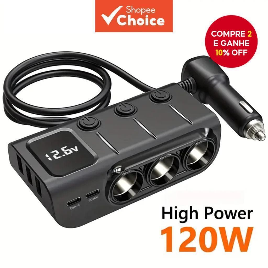  Adaptador de carregador de carro 3 em 1, divisor de tomada USB PD, carregamento rápido com voltímetro LED, saída DC,