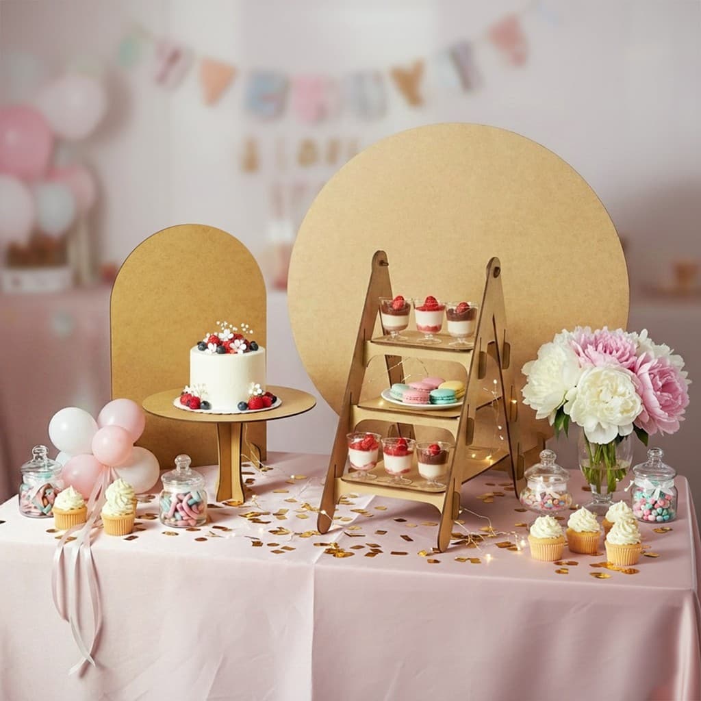 Kit Decoração Festa MDF Boleira Painel Redondo Romano Escada Estante