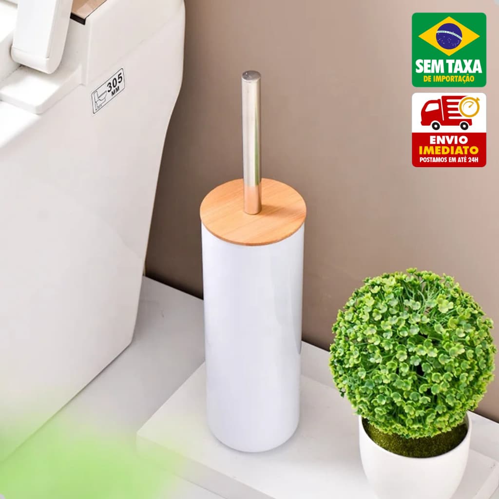 Escova para Vaso Sanitário 38cm com Suporte Branco Tampa Bambu