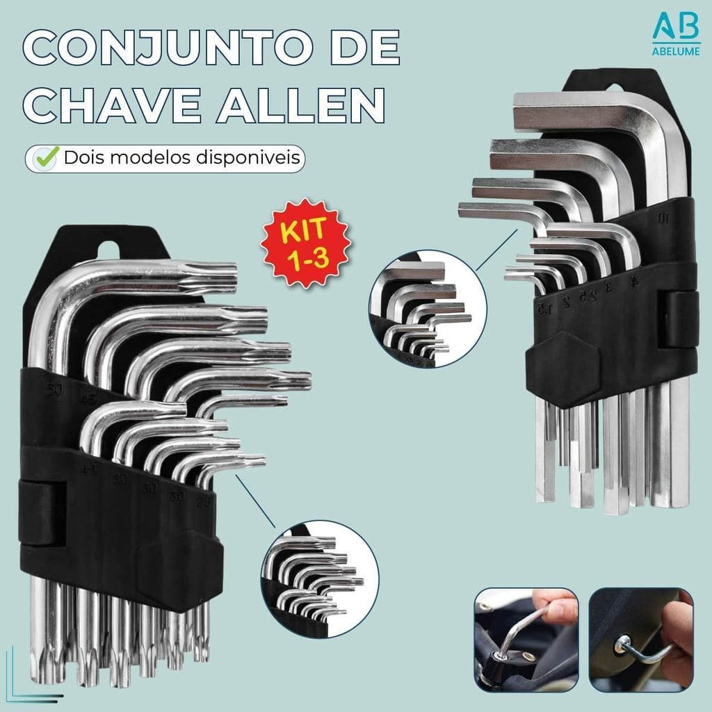 Jogo de Chave Allen Torx Pequena Aço Profissional 9 Peças para Parafuso Hexagonal