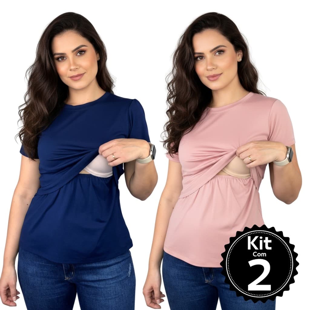Kit 2 Blusa Amamentação Lisa Camiseta Manga Curta T-shirt Moda Gestante Grávida