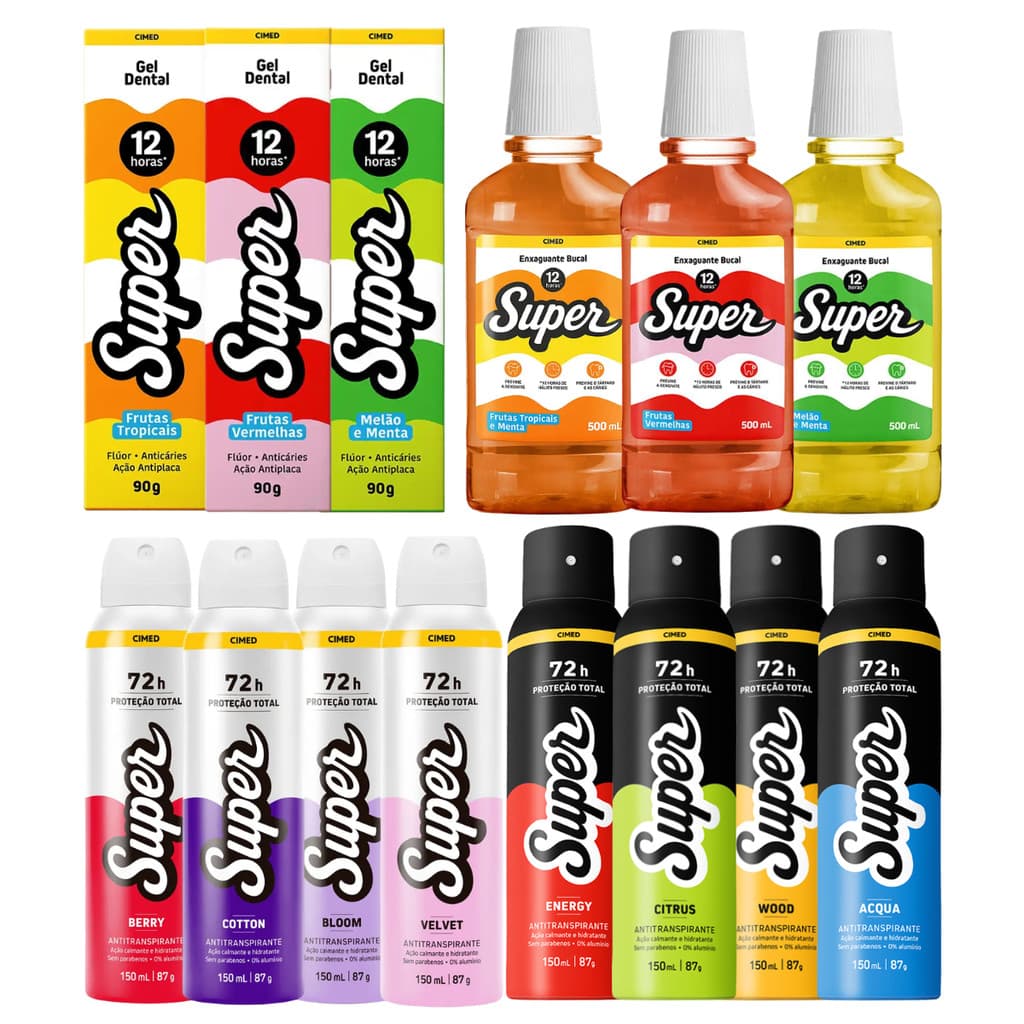 Linha Super Cimed Gel Dental 90g, Enxaguante Bucal 500ml, Desodorantes Masculino e Feminino 150ml