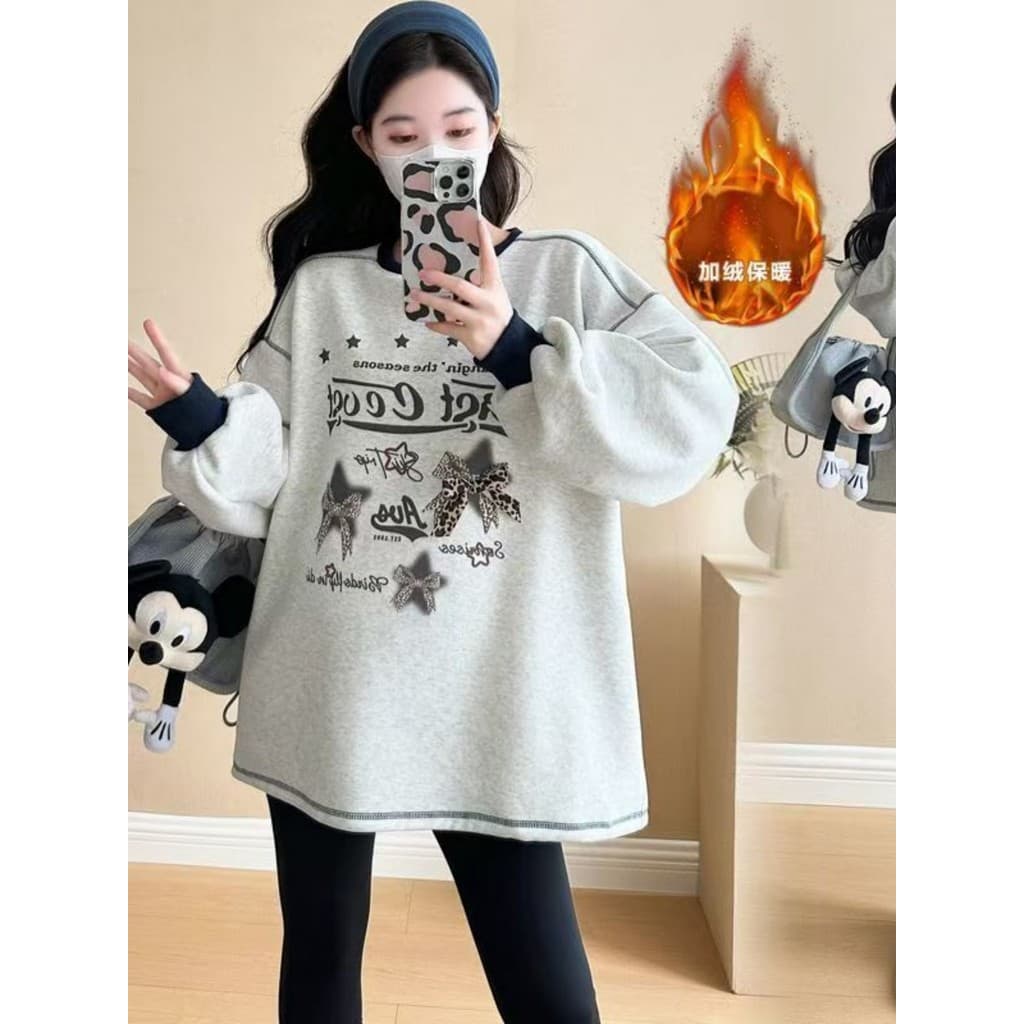 Mulheres grávidas outono inverno terno estilo dos desenhos animados forro de lã engrossado moletom feminino solto carta 