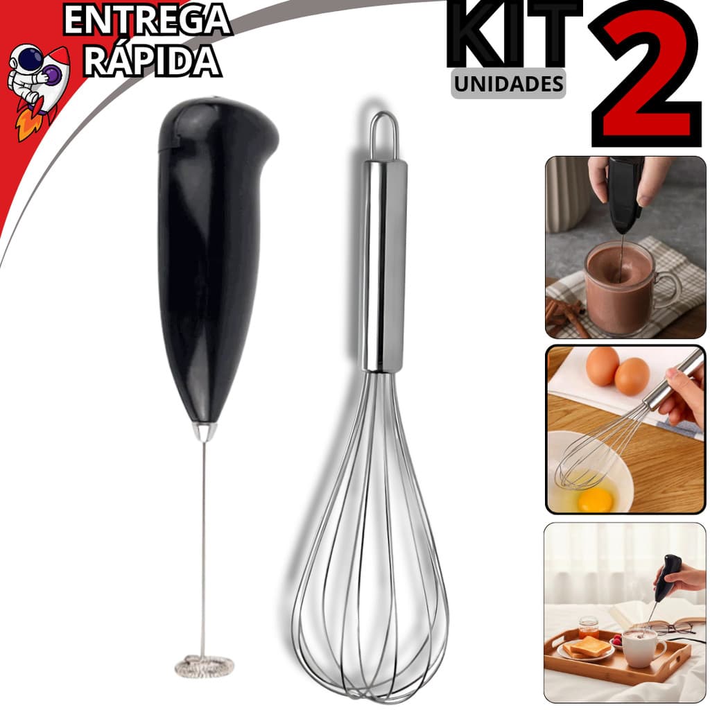 Kit 2 Utensílios de Cozinha Fouet Inox e Mixer Automático Misturador Bebidas e Ovos Premium
