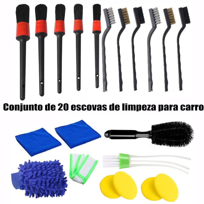Kit Lavagem de Carro 20/10/8 Peças - Escovas, Luvas e Acessórios para Limpeza Automotiva Completa