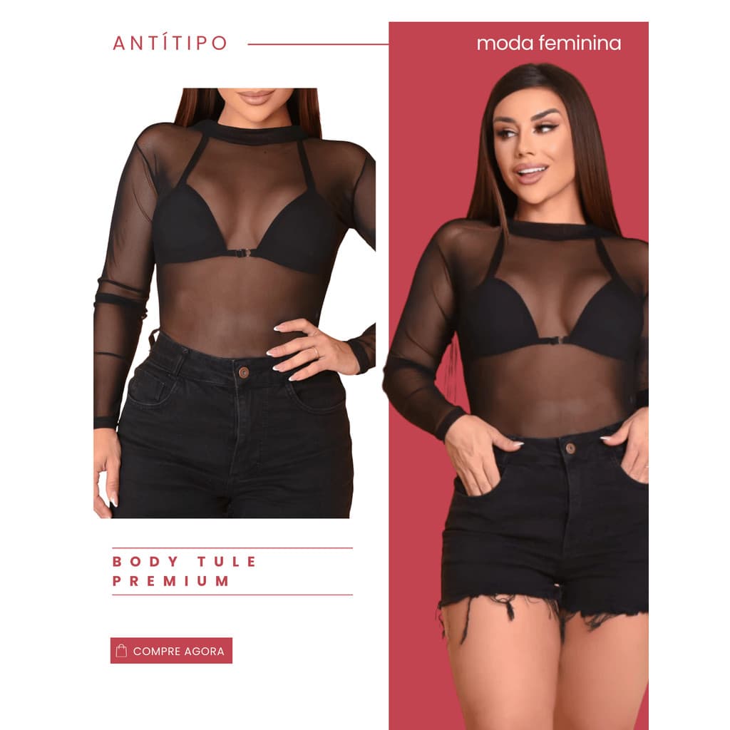 Body Feminino Tule Luxo Manga Longa Blusa Feminina Festa Balada Casual