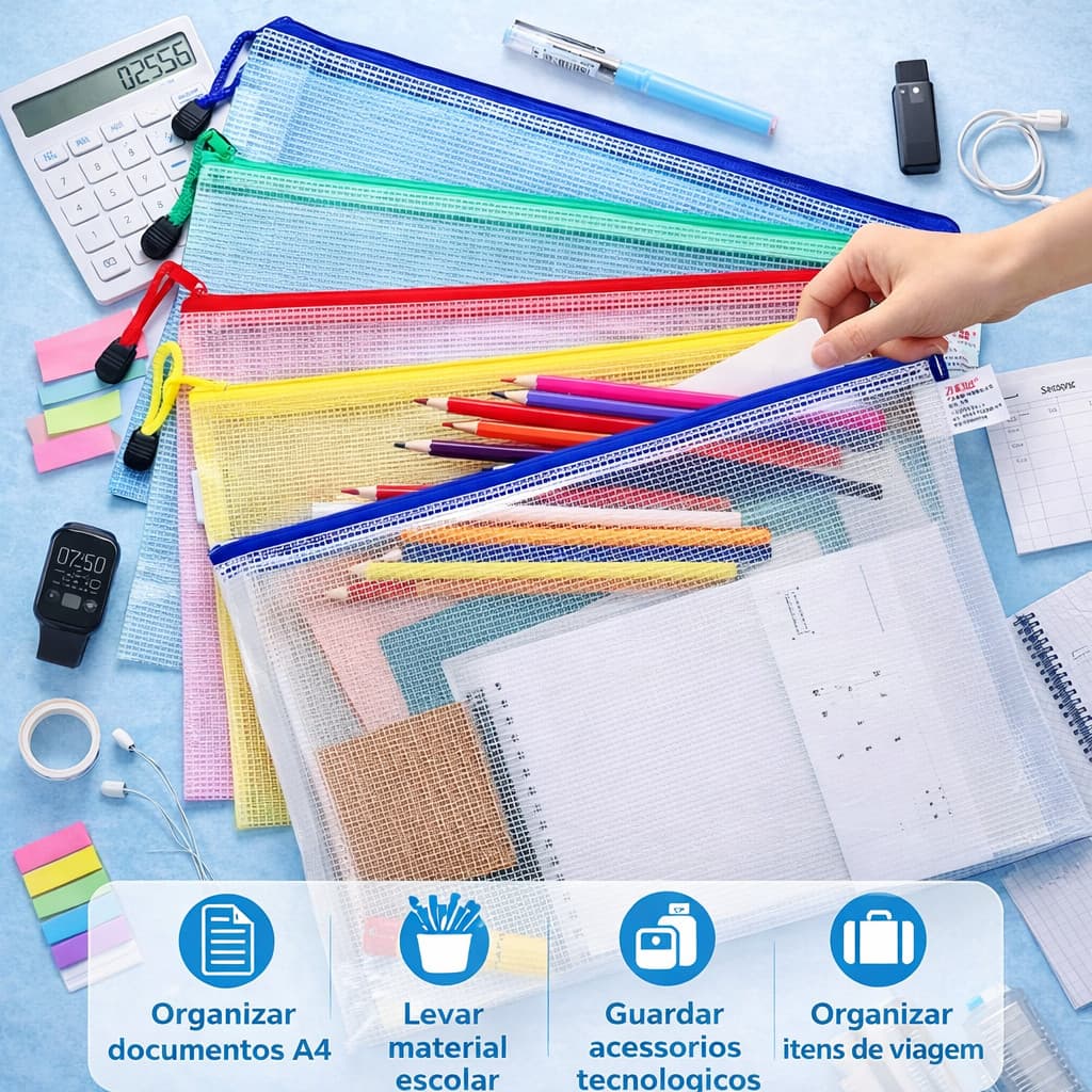 Kit 5 Pasta A4 De Plástico PVC/NYLON Multiuso Com Zíper Prova Agua