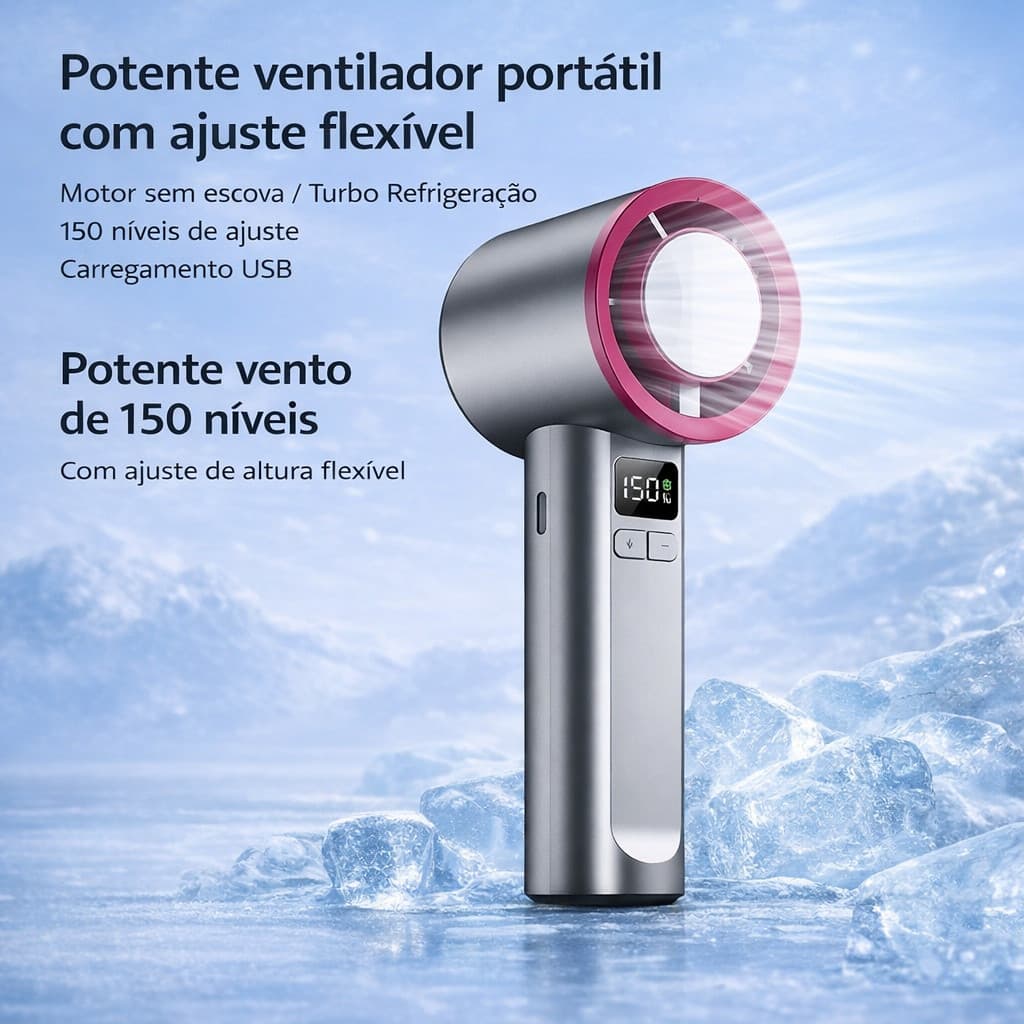 Ventilador Portátil Turbo com Display Digital, Motor Sem Escova, 150 Velocidades e Carregamento USB