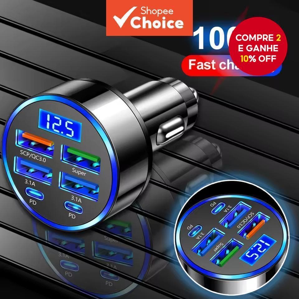 Carregador De Carro PD , Suporta Carregamento Rápido QC3.0 , Um A Seis Plugues , design De 5 Portas , Com display digita