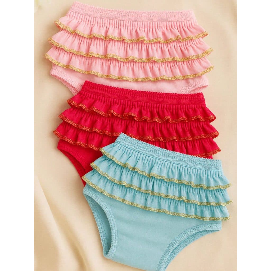 Kit c/3 Calcinhas Bunda Rica Milionária c/ Babado Azul Bebê, Pink e Rosa Bebê