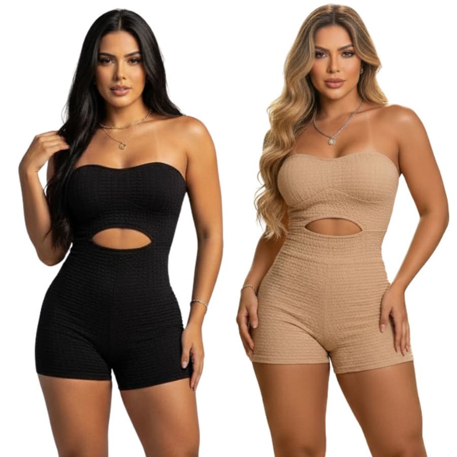 Macacão Macaquinho Curto Com Bojo Tomara que Cai com Abertura na Frente Tecido BUBBLE blogueira Jardineira