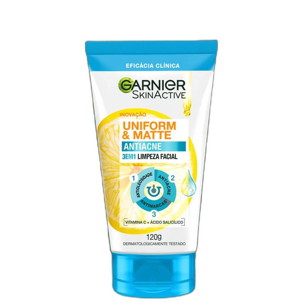 Garnier SkinActive Uniform & Matte Antiacne e Antioleosidade com Efeito Matte 3 em 1 - Sabonete de Limpeza Facial 120g